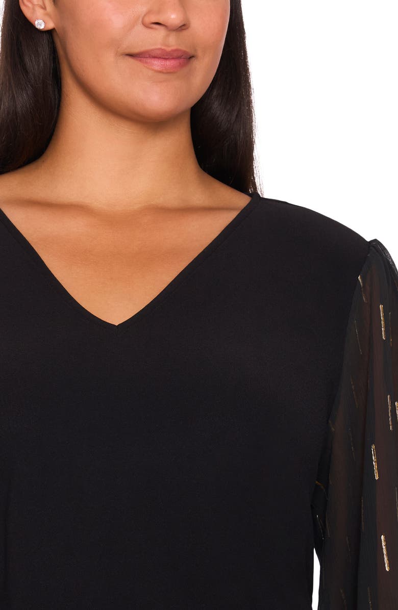 CeCe Foil Clip Sleeve V-Neck Mixed Media Top, Alternate, color,