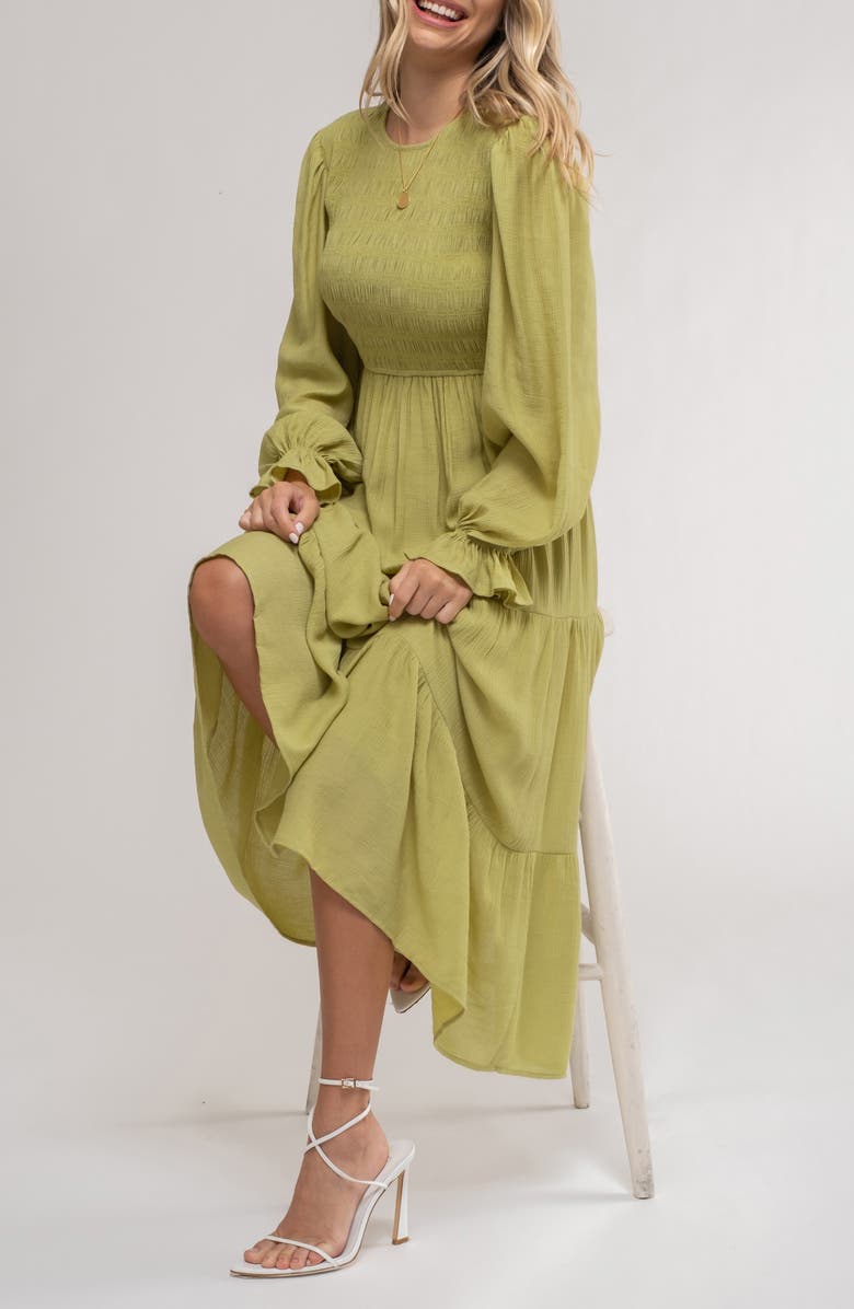 AUGUST SKY Smocked Long Sleeve Tiered Dress, Alternate, color, Kiwi