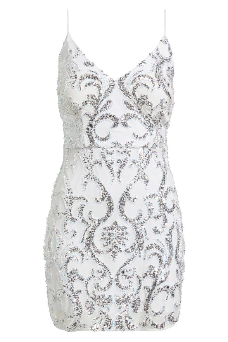Sequin Tapestry Tie Back Cocktail Minidress, Alternate, color, WHITE