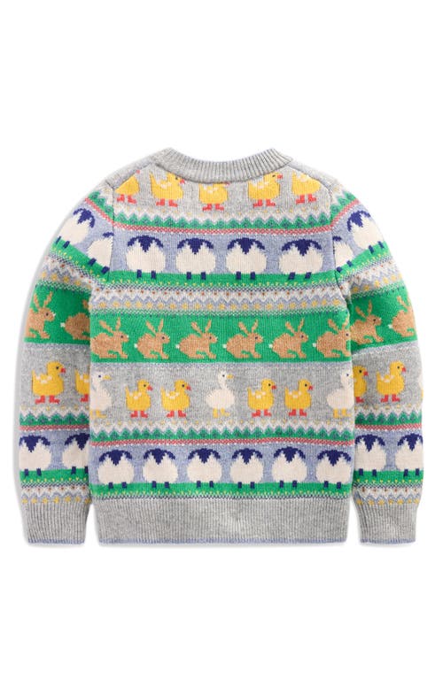Mini Boden Kids' Animal Fair Isle Crewneck Sweater In Grey Marl Easter