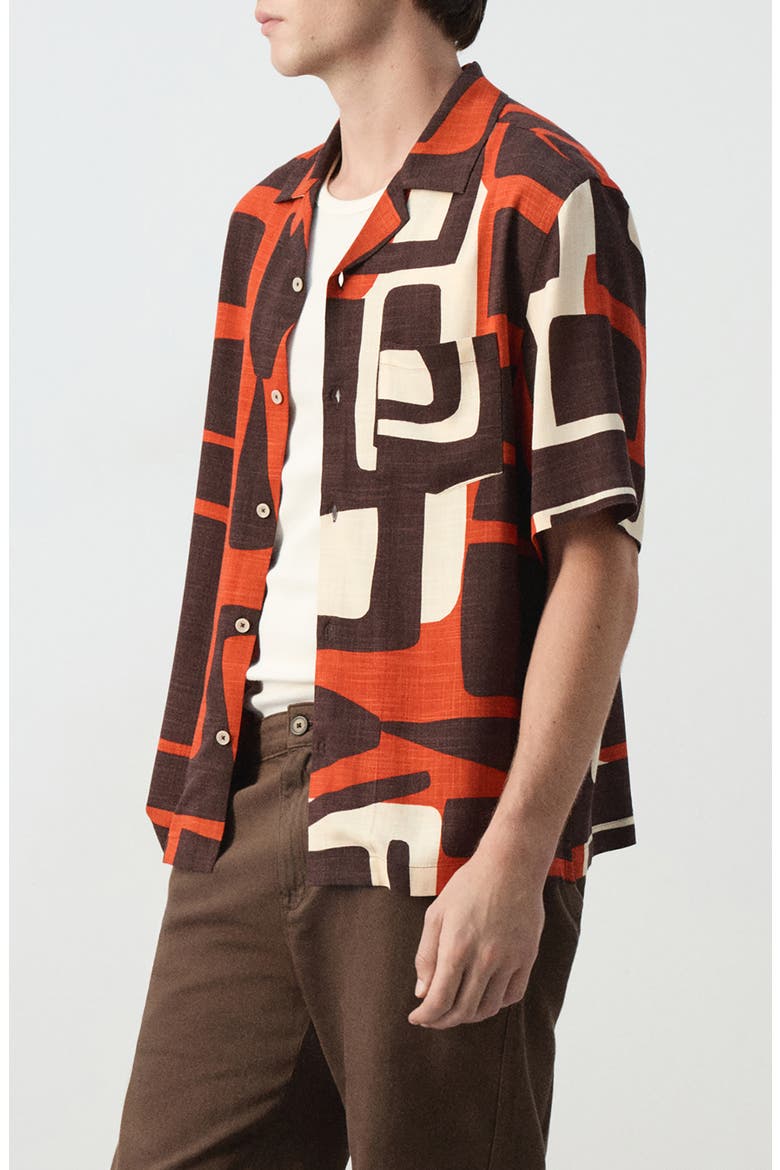 Geo Print Bowling Shirt, Alternate, color, BURNT ORANGE