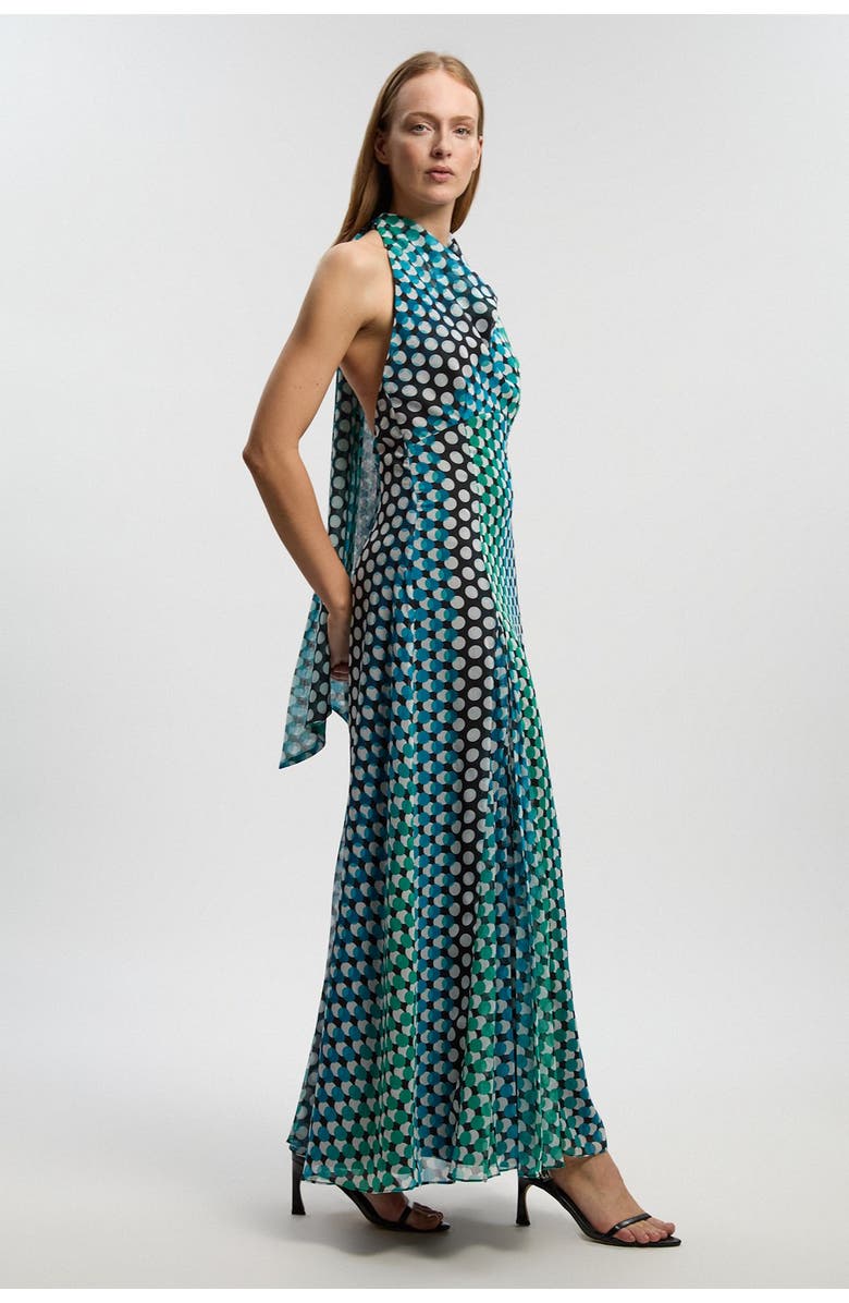 Karen Millen Polka Dot Halter Pleated Maxi Dress, Main, color, Green