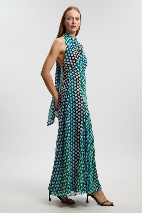 Polka Dot Halter Pleated Maxi Dress