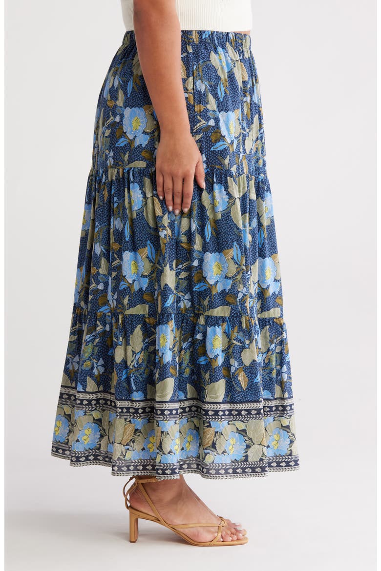 Print Tiered Maxi Skirt, Alternate, color, NAVY- OLIVE JACOBEAN BORDER