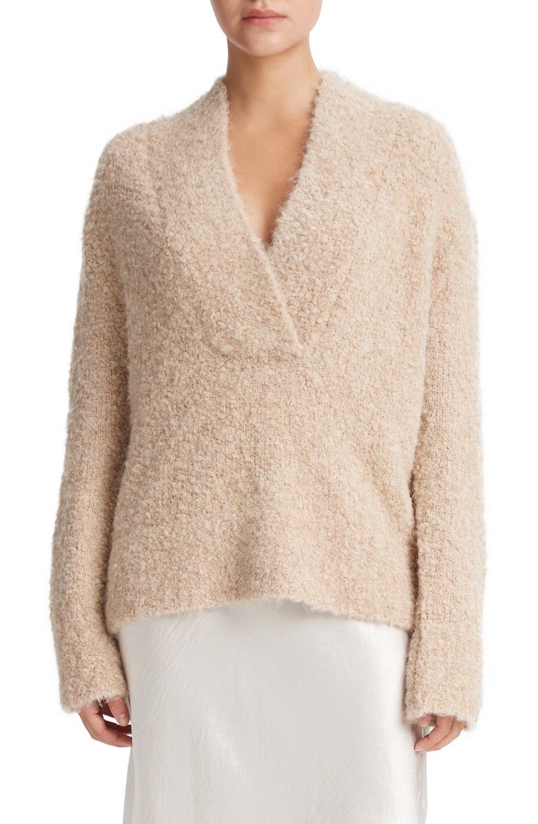 Vince Crimped Shawl Wool Blend Bouclé Sweater, Main, color, H Champagne