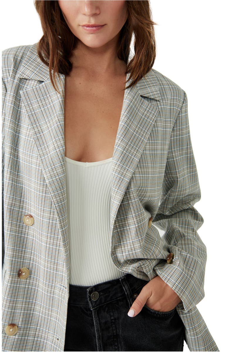 Free People Olivia Tie Waist Plaid Double Breasted Blazer, Alternate, color, Natural Plaid Combo