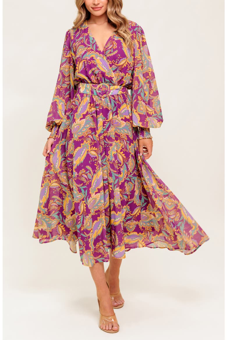 Print Long Sleeve Midi Dress, Alternate, color, PURPLE