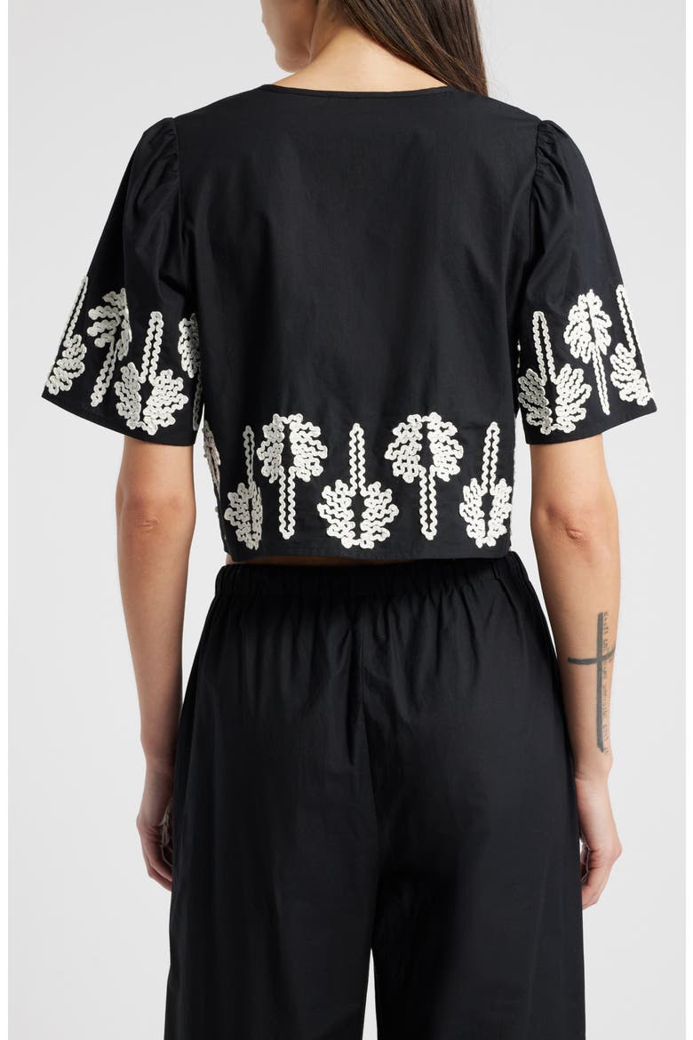 Pari Rickrack Palms Tie Front Cotton Crop Top, Alternate, color, BLACK IVORY PALM TREES