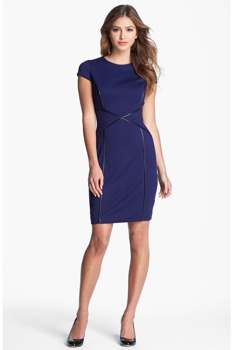 Cap Sleeve Faux Leather Trim Ponte Sheath Dress, Main, color, DEEP INDIGO