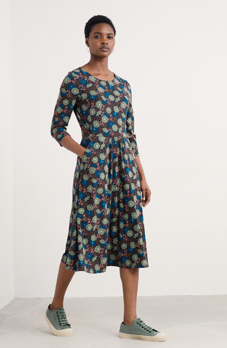 Seasalt Cornwall April Floral Stretch Organic Cotton Dress, Alternate, color, Grass Meadow Maritime Mast