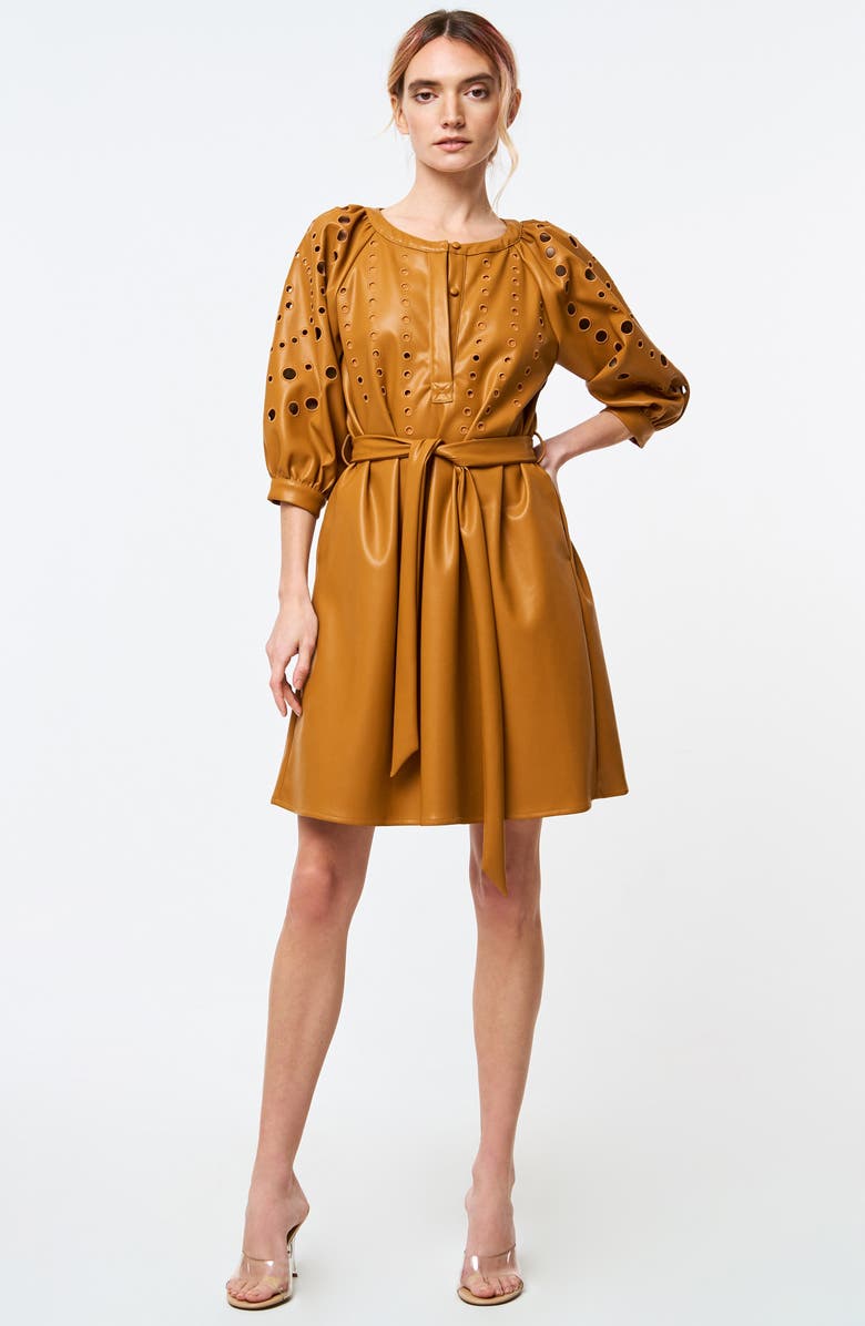 CIEBON Kinna Eyelet Puff Sleeve Tie Belt Faux Leather Shirtdress, Alternate, color, Tan