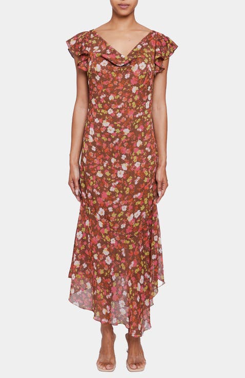 LAUREL Flutter Cap Sleeve Midi Dress in Floral Crinkle Georgette with Lurex