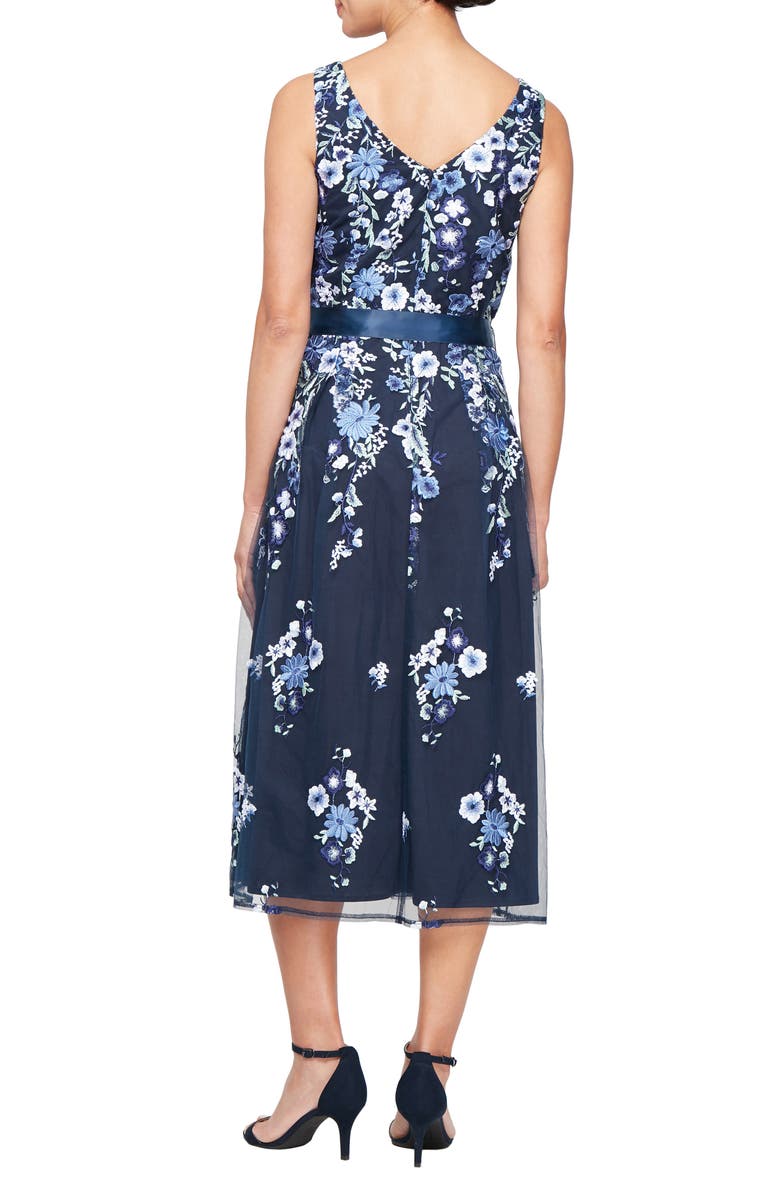 Alex Evenings Embroidered Mesh A-Line Cocktail Dress, Alternate, color, Navy Multi