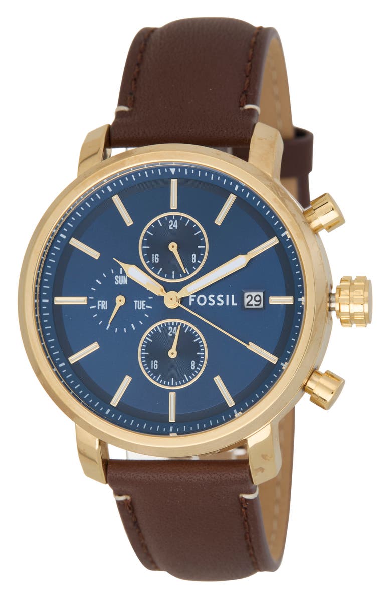 Fossil Rhett Leather Strap Watch, 43mm, Main, color, Gold