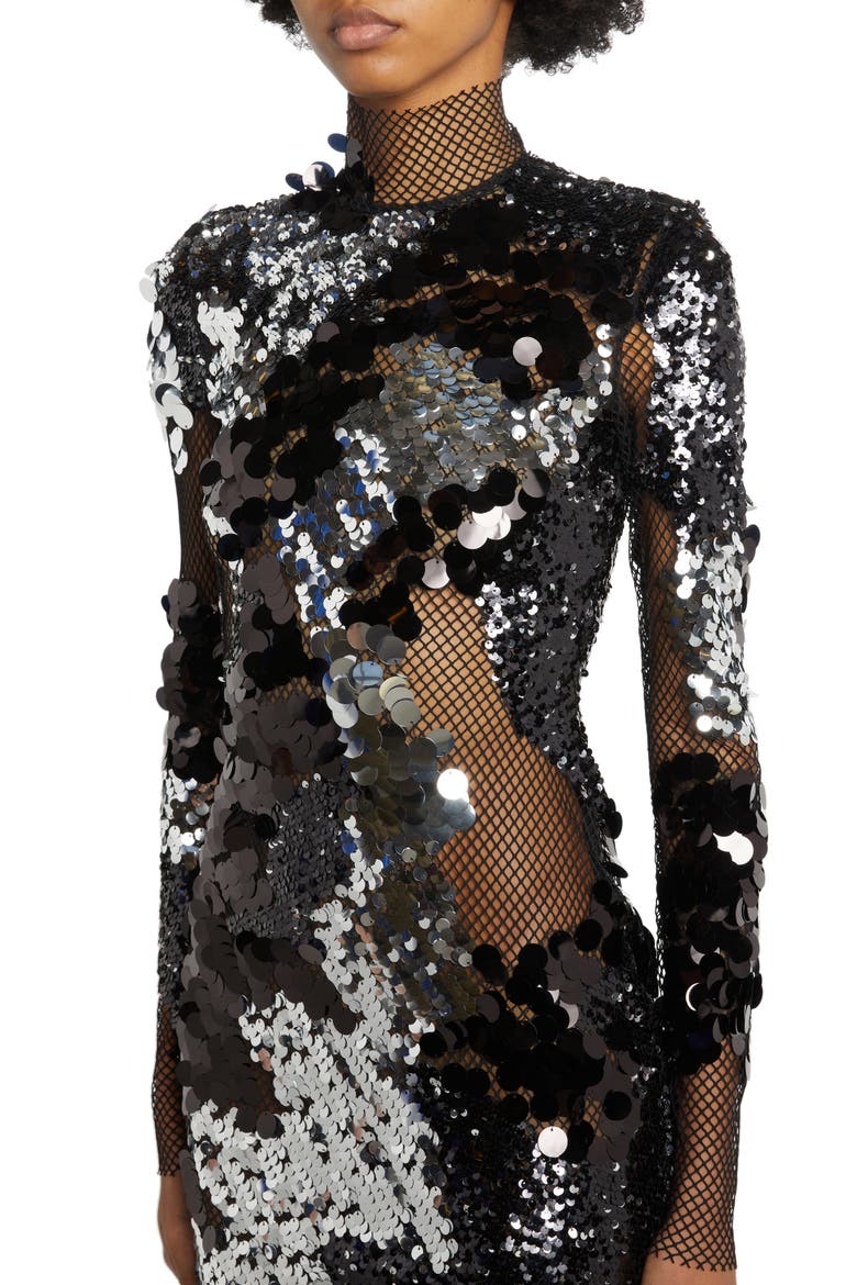 Long Sleeve Sequin & Mesh Gown, Alternate, color, BLACK/ SILVER
