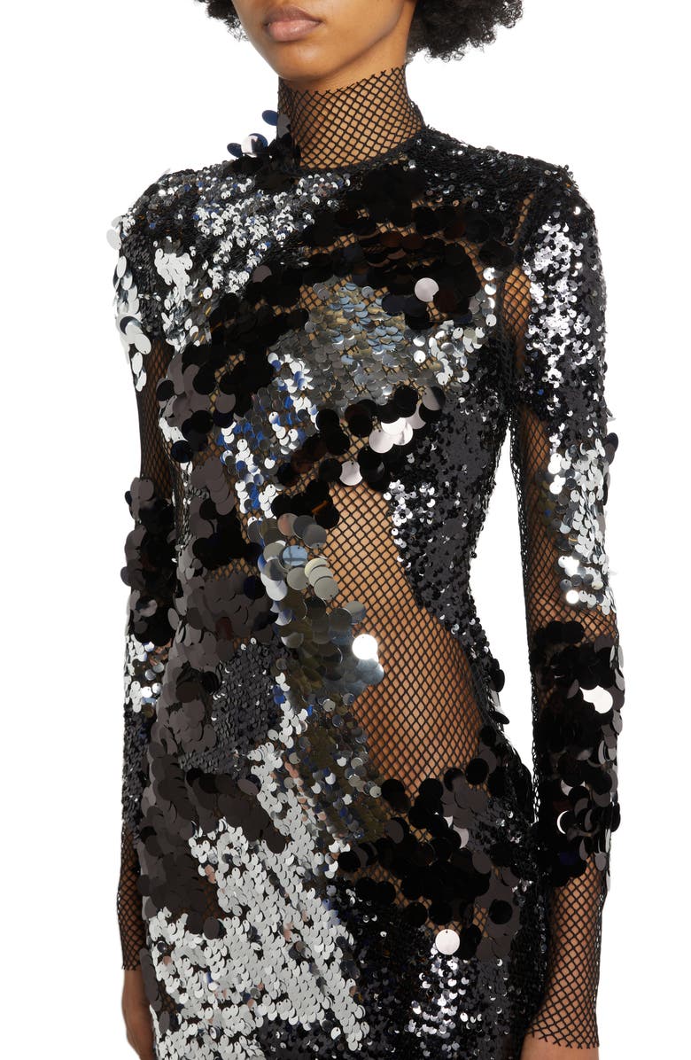 TOM FORD Long Sleeve Sequin & Mesh Gown, Alternate, color, Black/ Silver