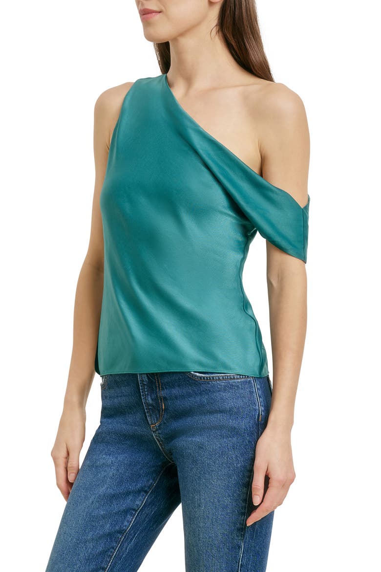 The Side Note One-Shoulder Satin Top, Alternate, color, EMERALD