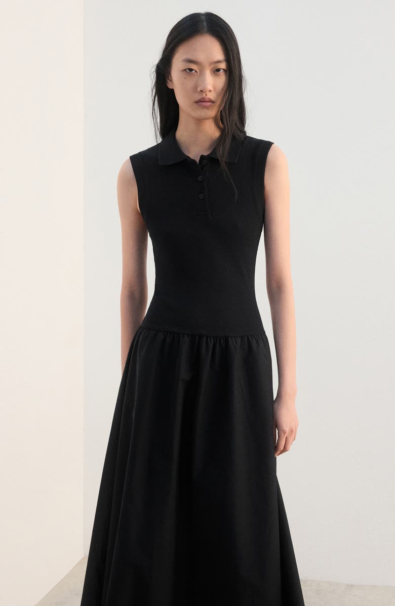 MANGO Mixed Media Midi Dress, Alternate, color, Black