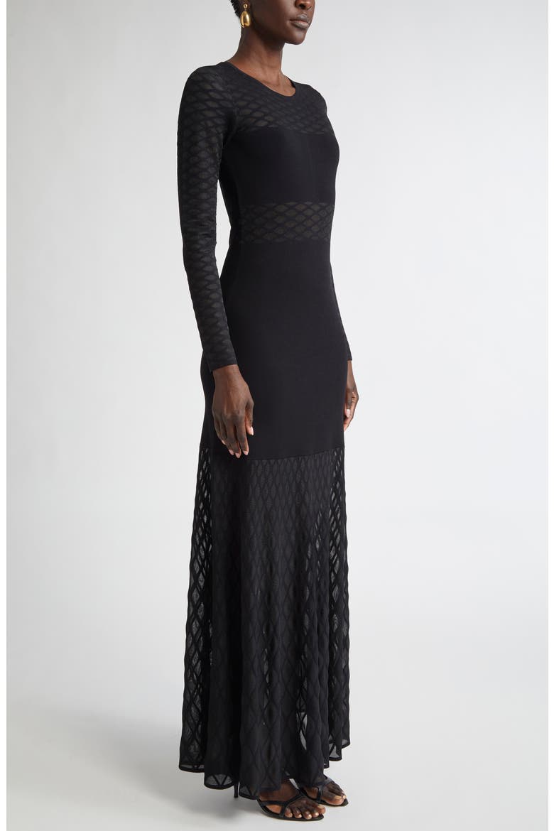 Trellis Knit Long Sleeve Gown, Alternate, color, BLACK