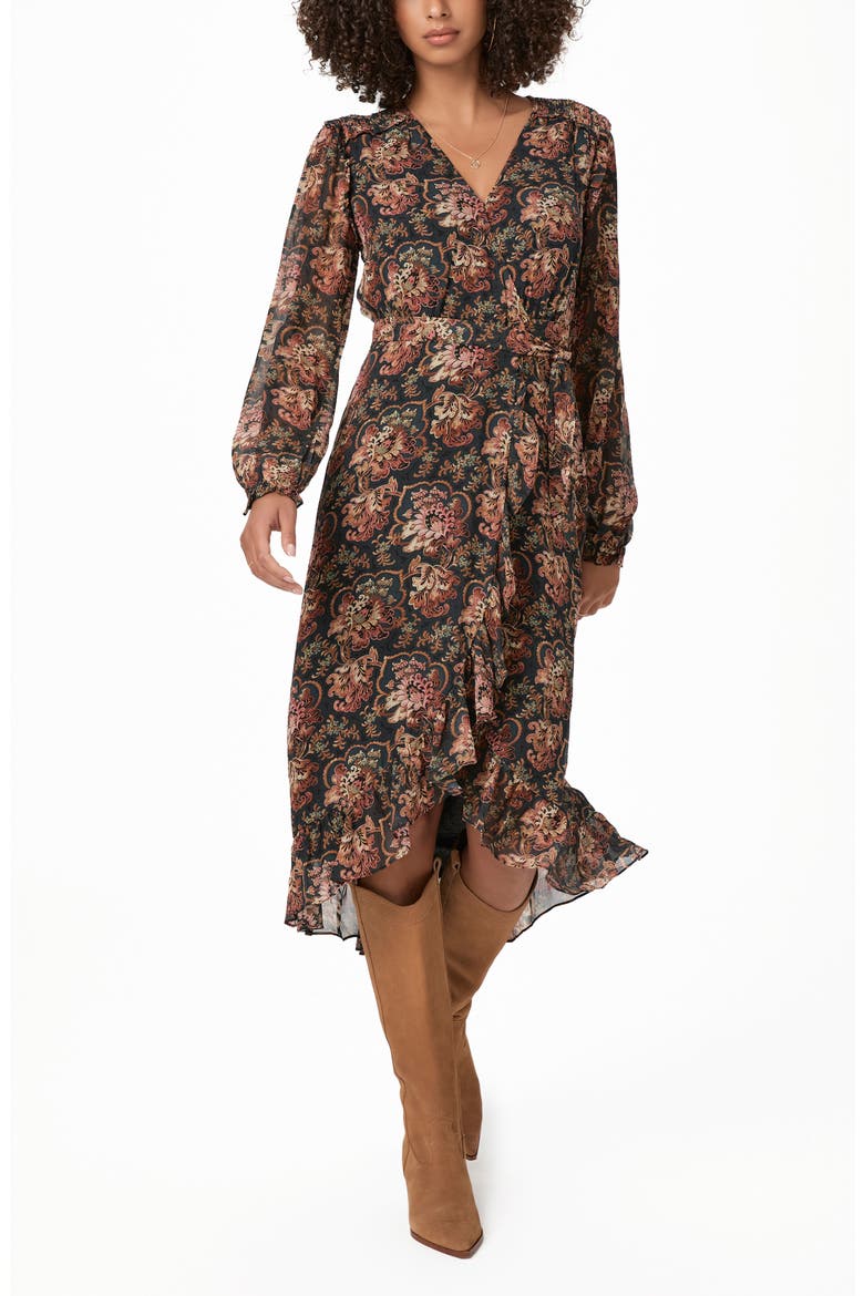 Paulette Print Long Sleeve Silk Dress, Alternate, color, BLK BLUE