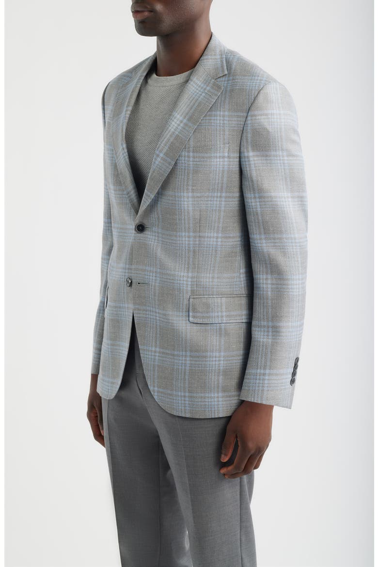 Hyperlight Soft Grey Plaid Slub Wool & Silk Blend Sport Coat, Alternate, color, GREY