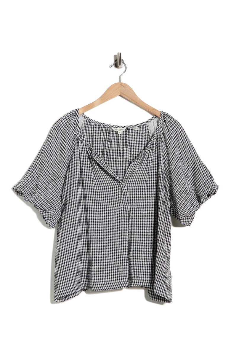 Bubble Sleeve Split Neck Top, Alternate, color, BLACK / WHITE