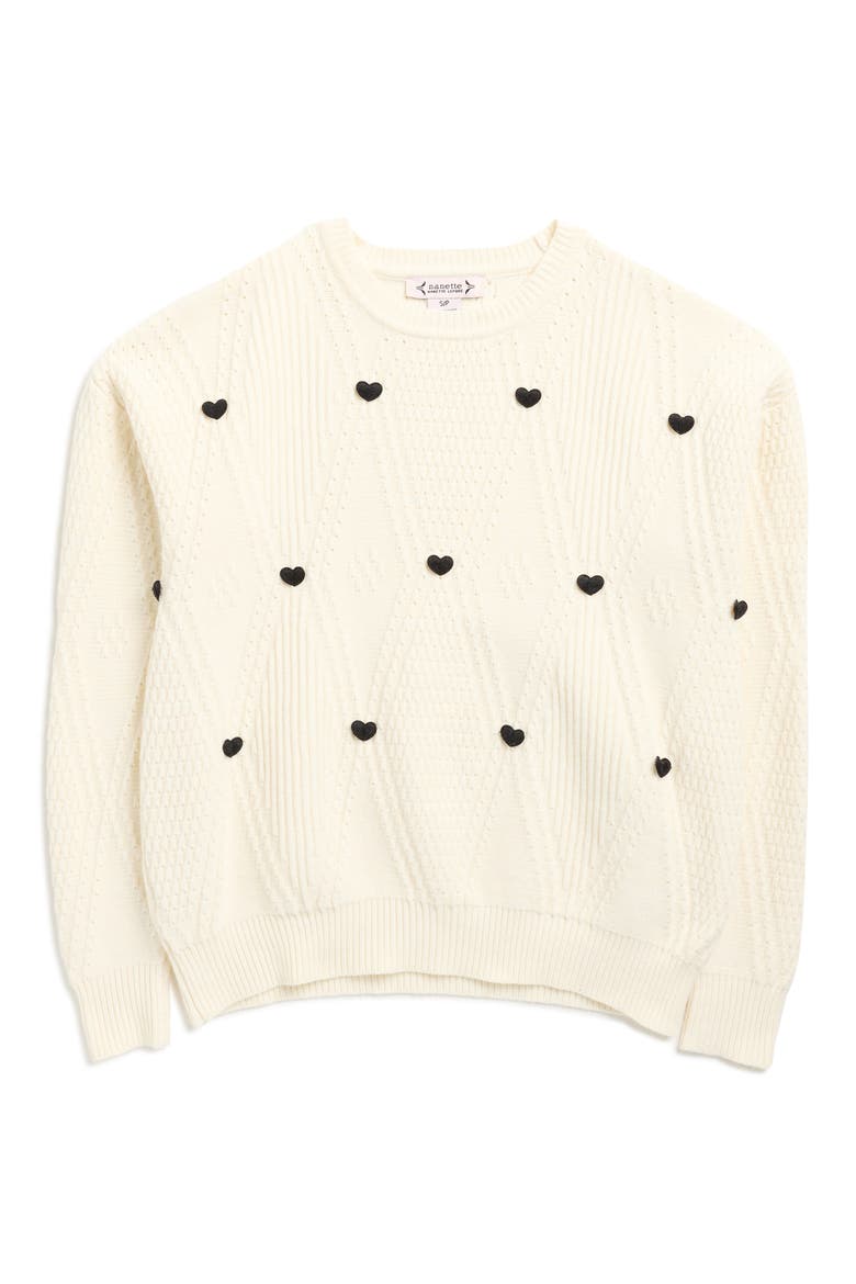 3D Heart Sweater, Alternate, color, CANNOLI CREAM/ VERY BLACK