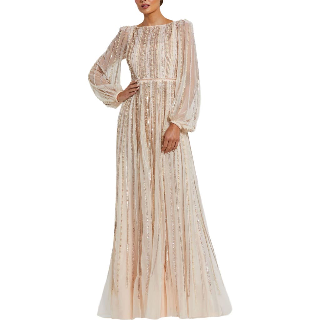 Mac Duggal Boat Neck Long Sleeve Gown With Striped Beading In Peach