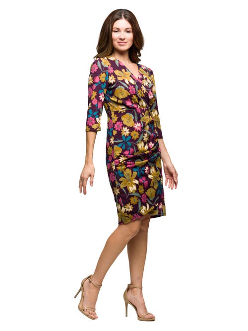 24seven Comfort Apparel Floral Print Faux Wrap Dress In Multi