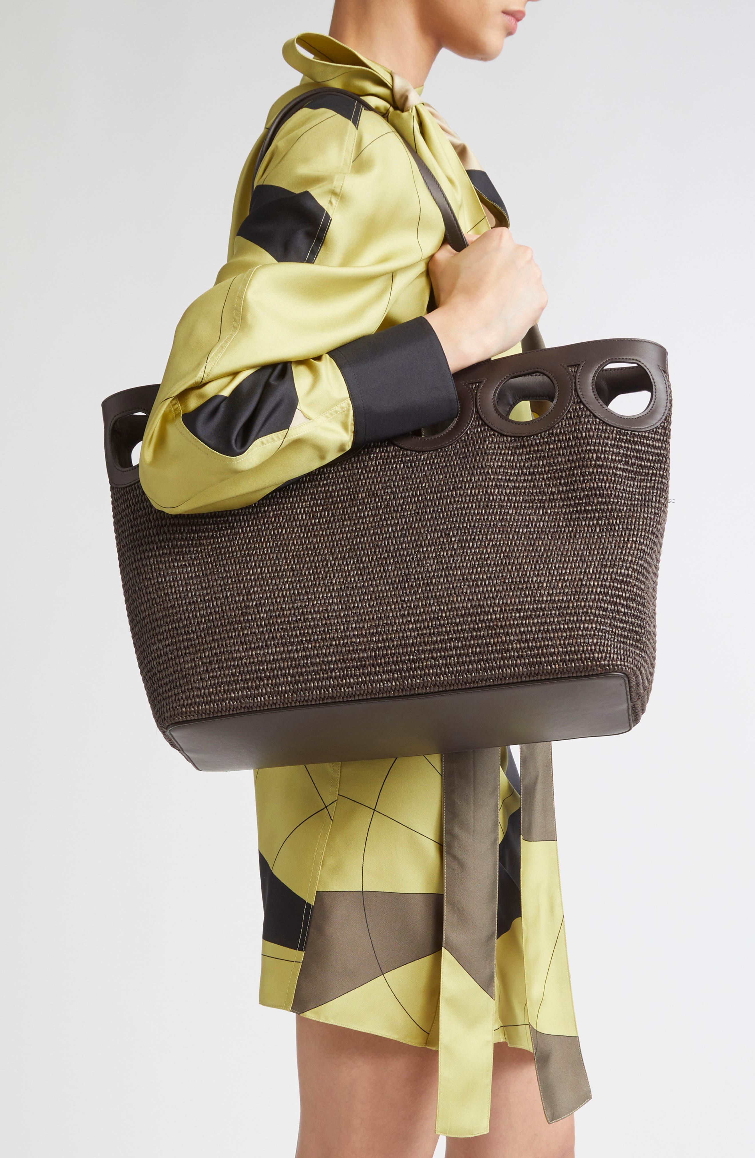 FERRAGAMO Medium Gancini Frame Perforated Raffia & Leather Tote, Alternate, color, Moro/ Testa Di Moro