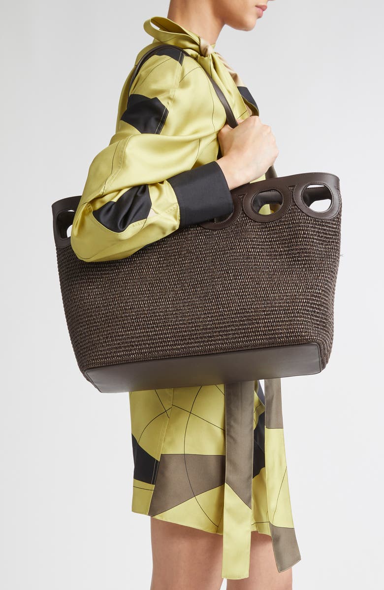 FERRAGAMO Medium Gancini Frame Perforated Raffia
Leather Tote, Alternate, color, Moro/ Testa Di Moro