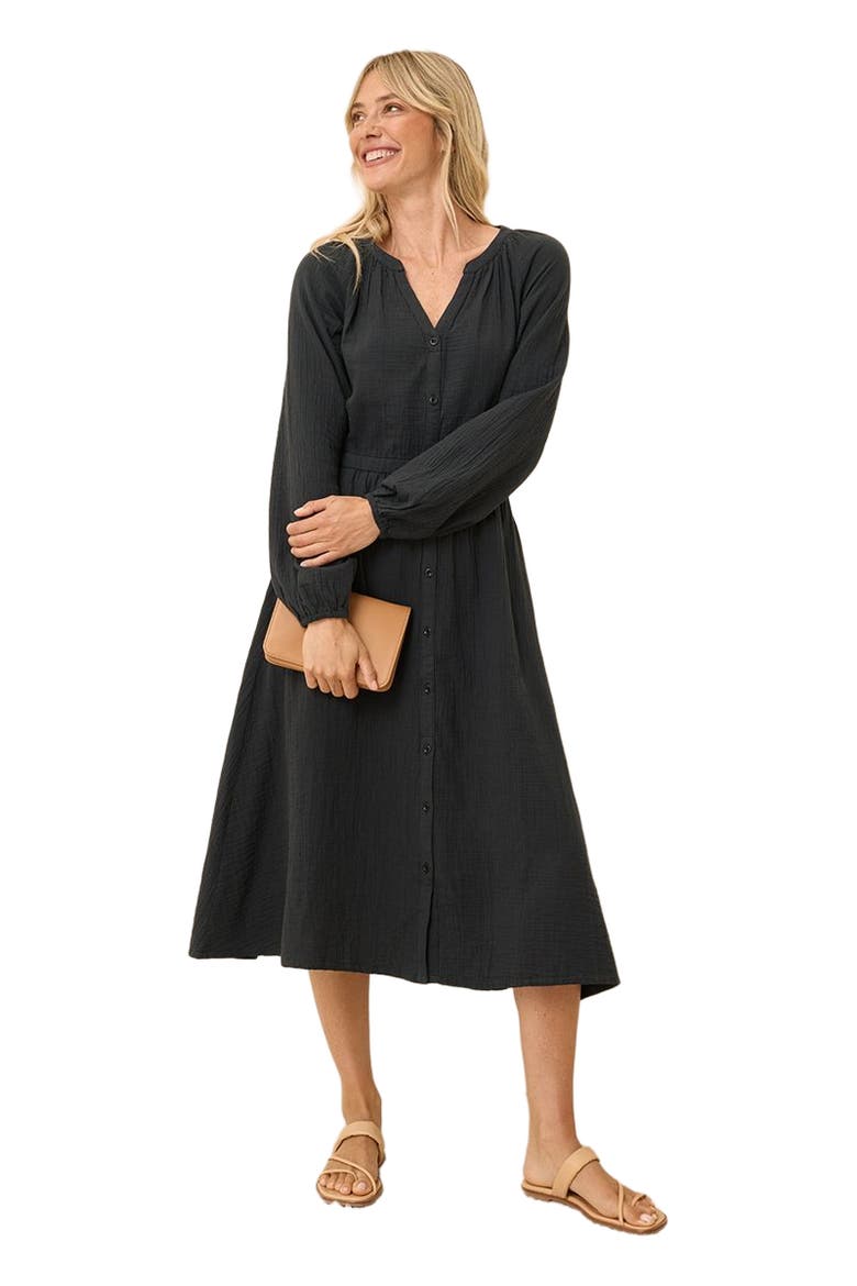 Organic Cotton Coastal Double Gauze Poet Sleeve Dress, Main, color, Black