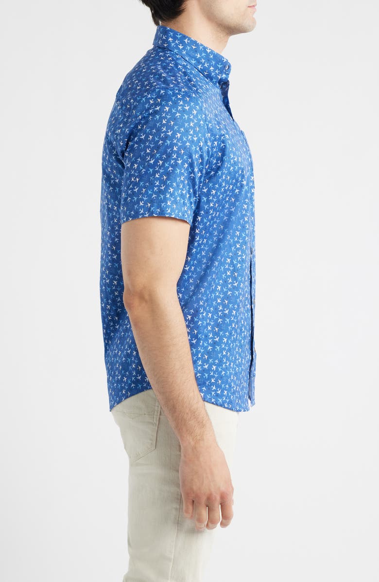 Johnston & Murphy Logan Airplane Print Short Sleeve Cotton Blend Button-Up Shirt, Alternate, color, Navy Flight Paths