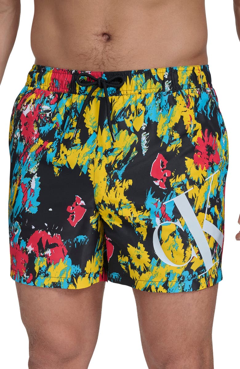 Calvin Klein CK Outline Volley Swim Trunks, Alternate, color, Black Floral