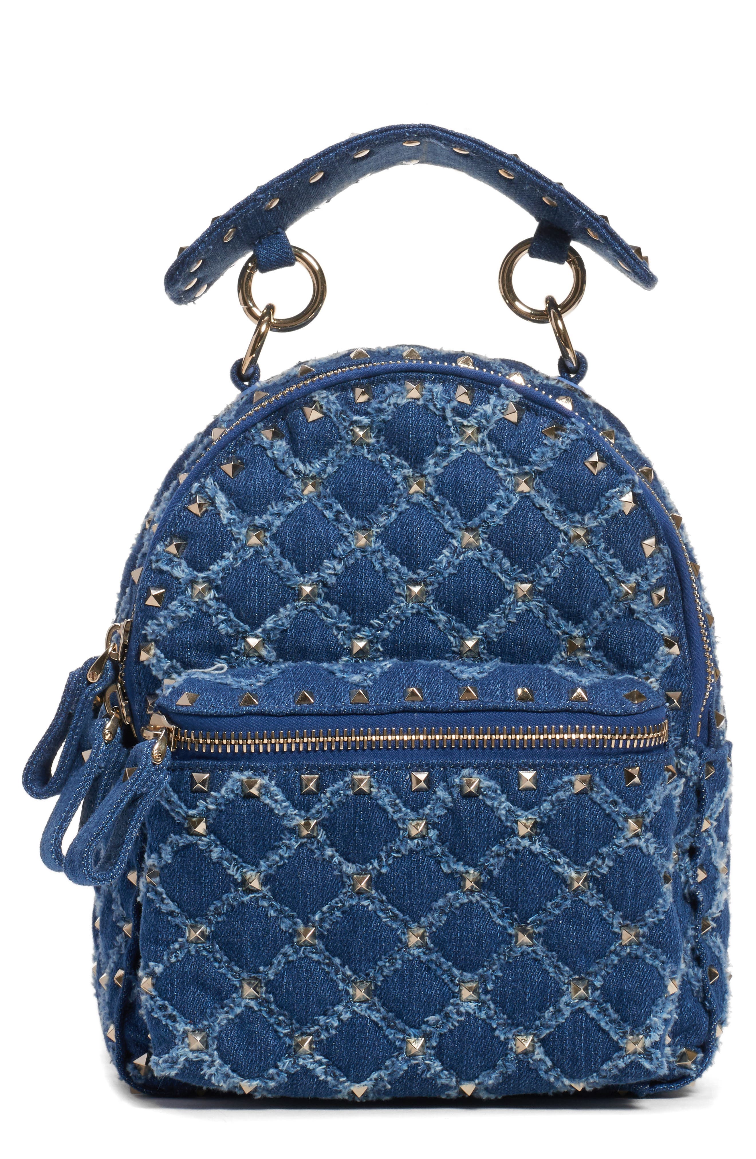 Valentino Garavani Mini Rockstud Spike Denim Backpack, Main, color, 