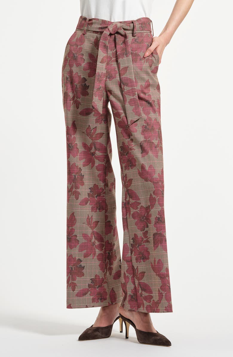 Isaac Mizrahi New York Plaid Tie Waist Wide Leg Pants, Main, color, Taupe Plaid Floral