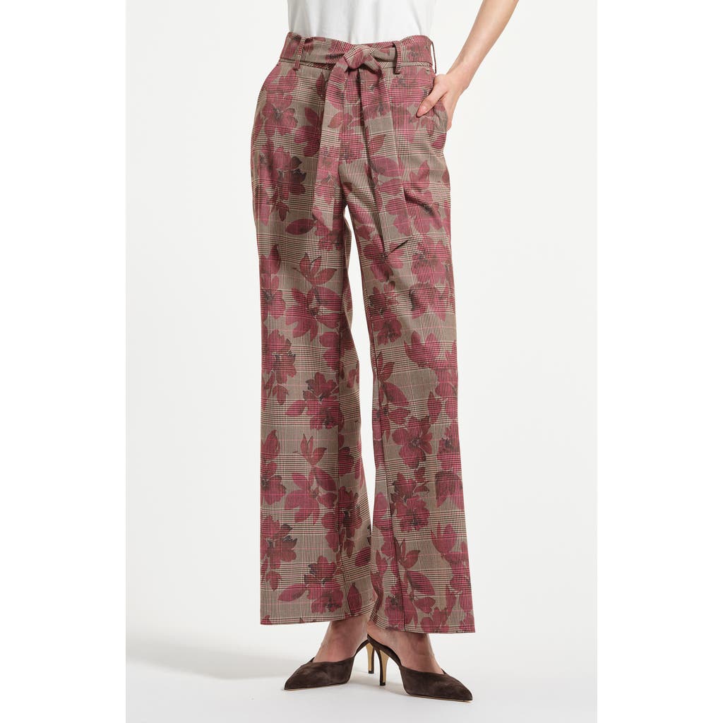 Isaac Mizrahi New York Plaid Tie Waist Wide Leg Pants In Burgundy