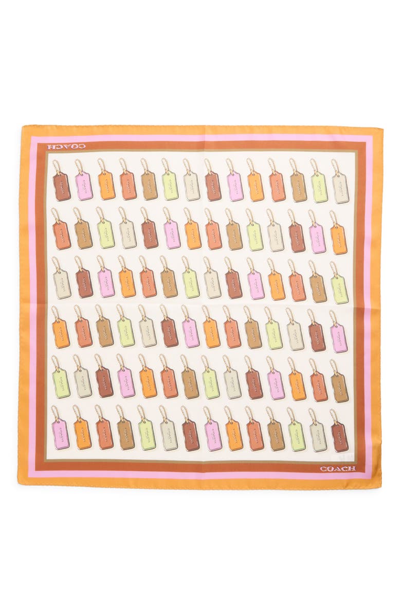 COACH Hangtag Print Silk Square Scarf, Alternate, color, Honey Brown/ Multi