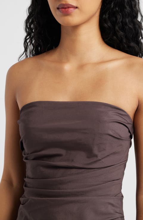 Strapless Ruched Poplin Midi Dress