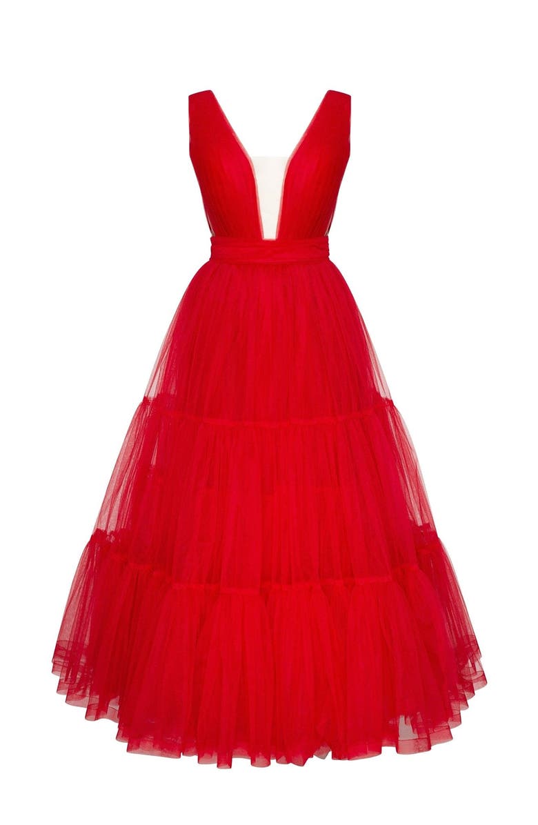 Milla Red Tender Midi Plunging Neckline Cut Out Dress, Main, color, 