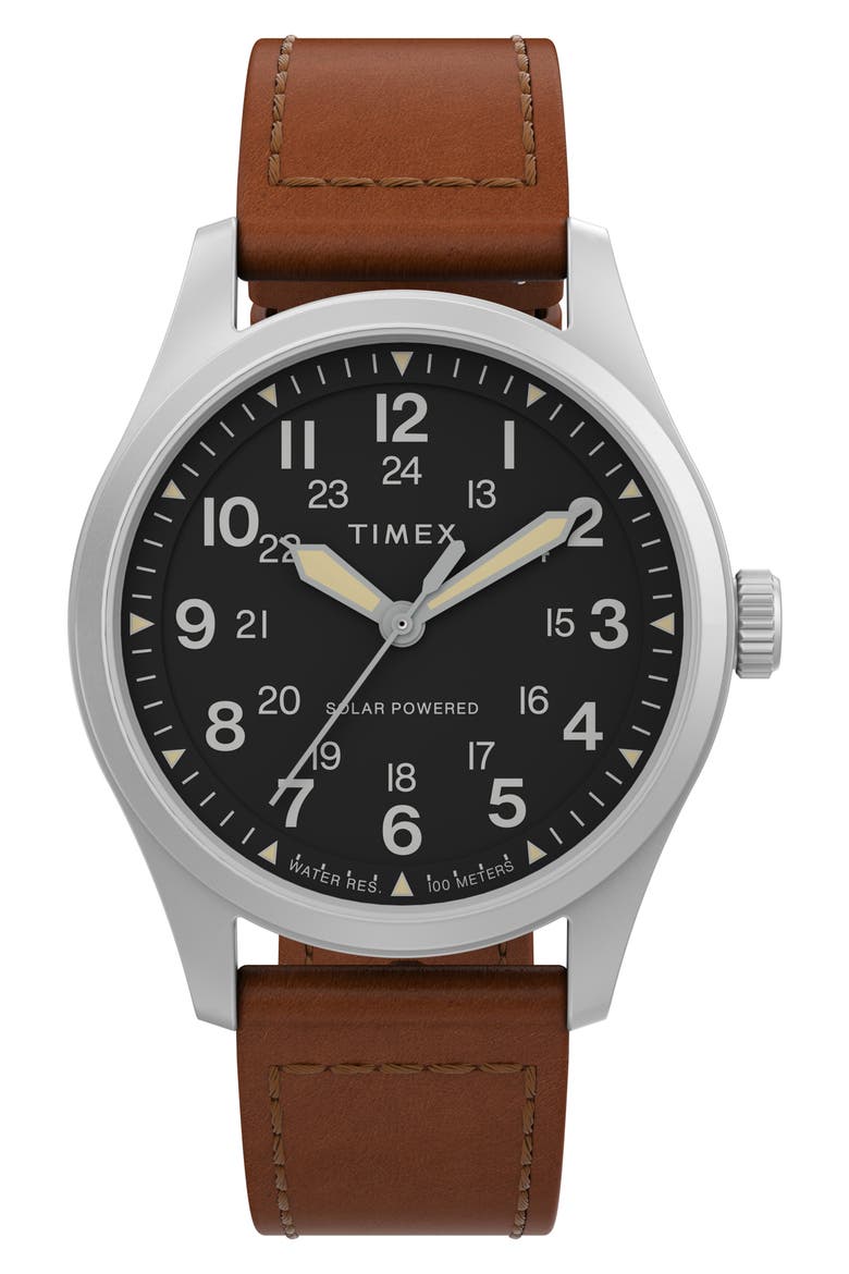Expedition North Field Post Solar Leather Strap Watch, 36mm, Main, color, TAN