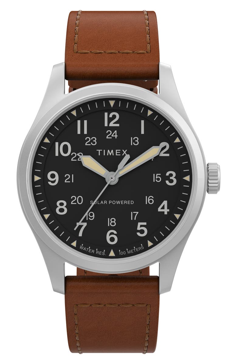 Timex<sup>®</sup> Expedition North Field Post Solar Leather Strap Watch, 36mm, Main, color, Tan