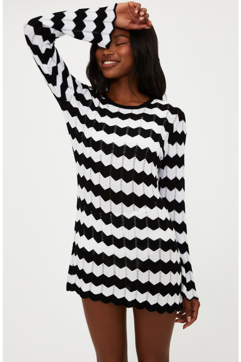 Libbi Long Sleeve Pointelle Cover-Up Dress, Alternate, color, BLACK AND WHITE TIDES