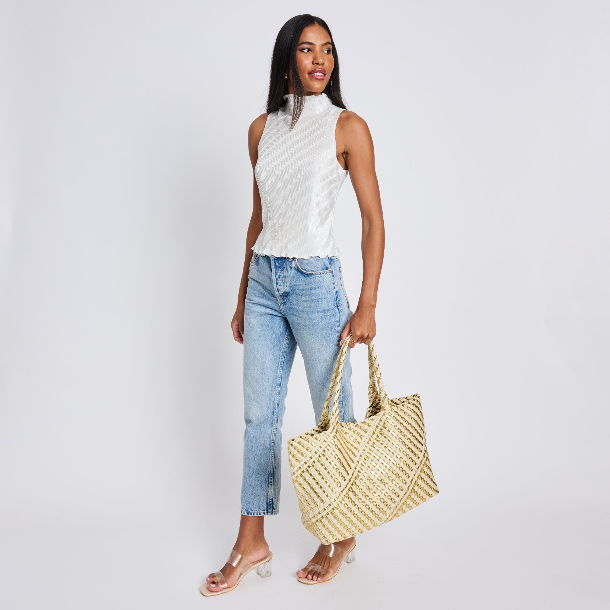 Solana - Mixed Material Tote, Alternate, color, Gold Ivory