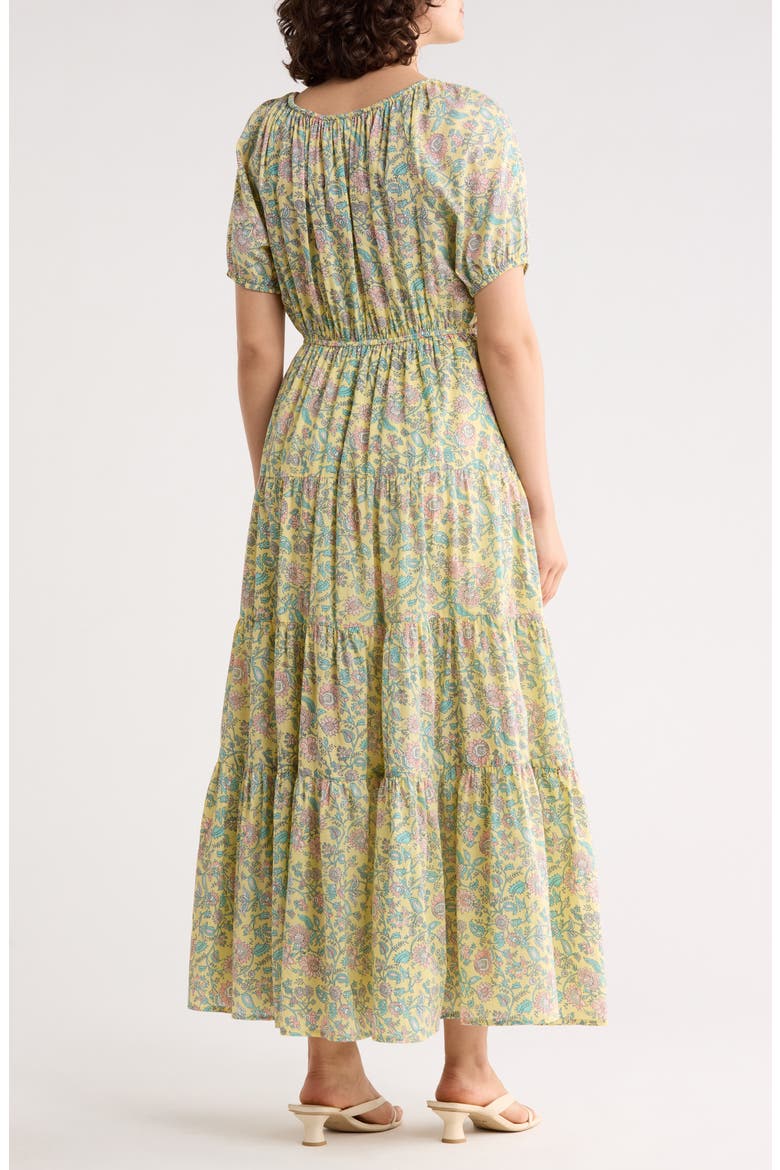 Short Sleeve Tiered Cotton Midi Dress, Alternate, color, TURQUOISE/ YELLOW