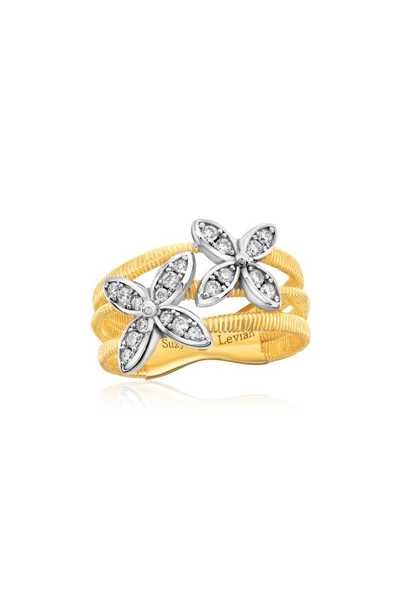 Golden Helix Three Row Double Flower Ring, Main, color, YELLOW