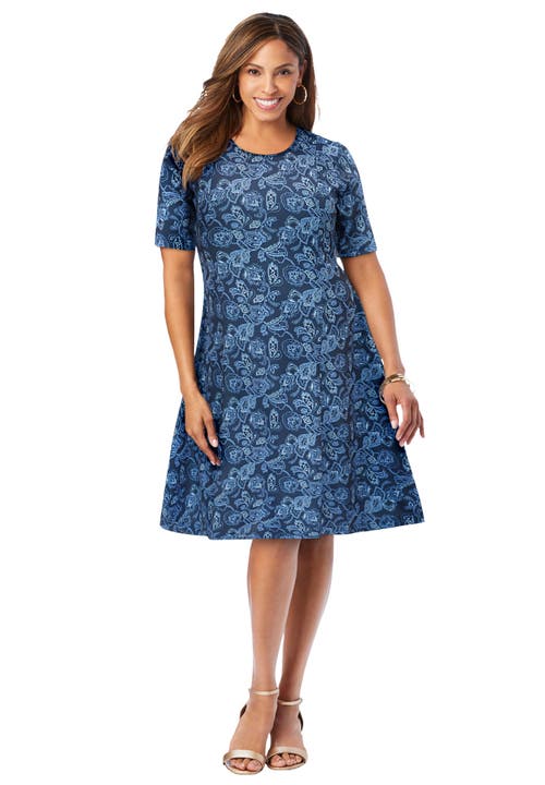 Jessica London Stretch Ponte Flare Dress In Blue