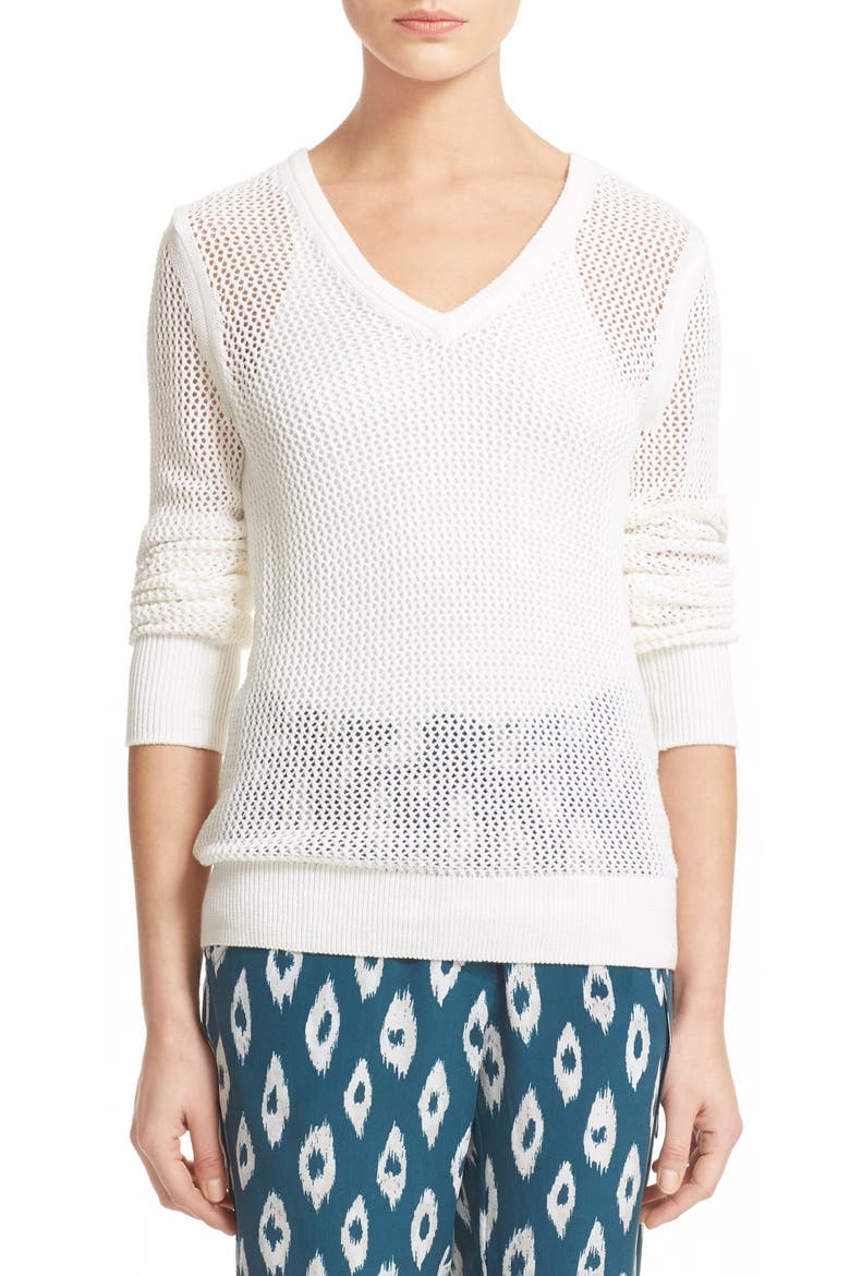 'Cecile' Cotton & Cashmere V-Neck Mesh Pullover, Main, color, IVORY