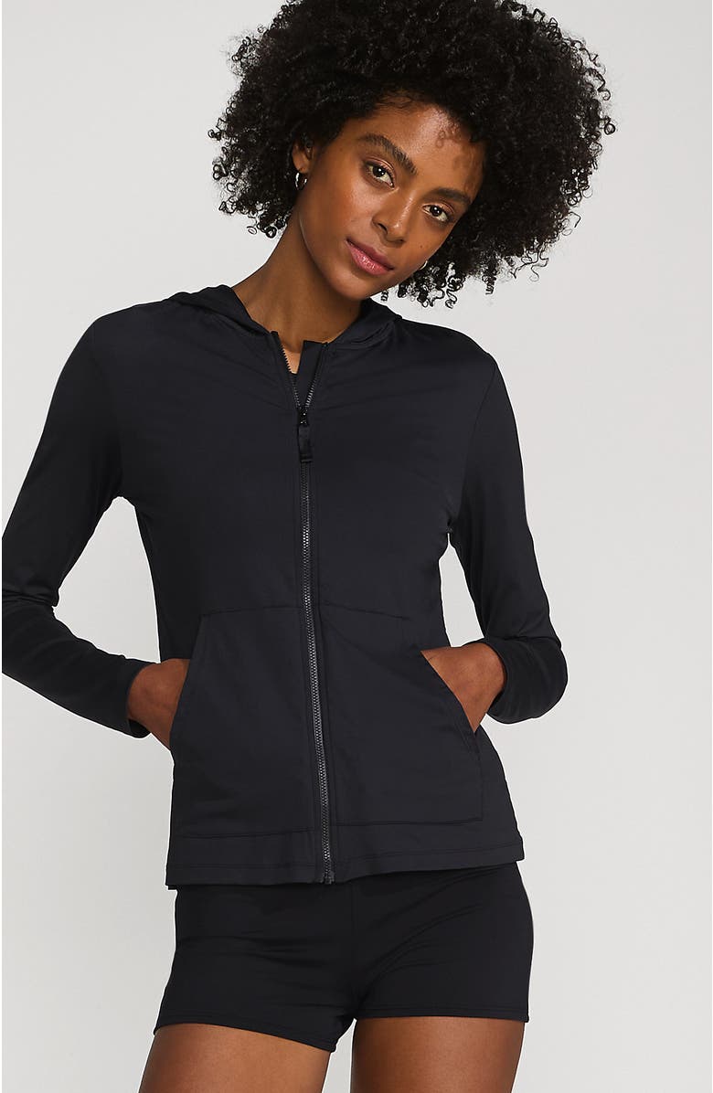 Lands' End SunShade UPF 50 Long Sleeve Hooded Full Zip Rash Guard, Main, color, Black