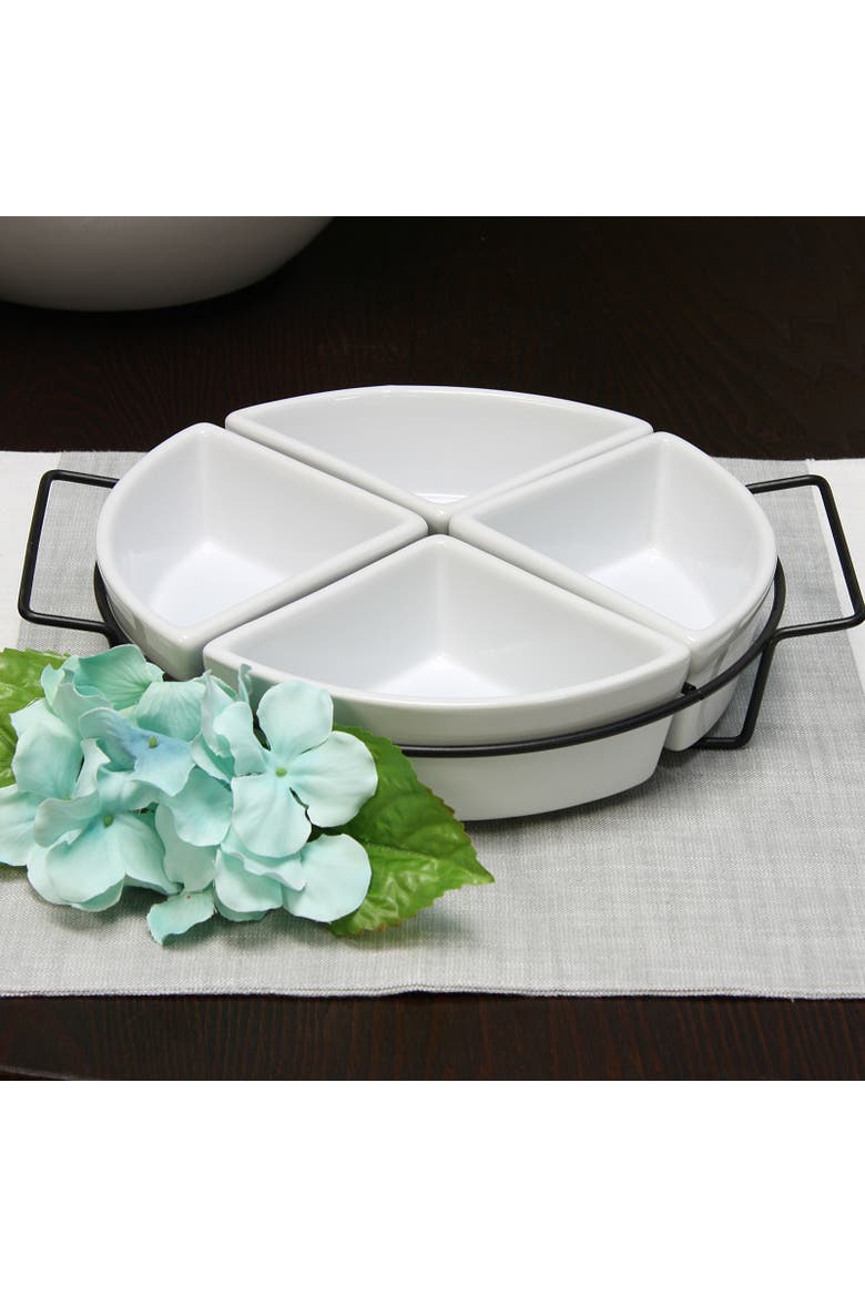 Gracious Fine Ceramic Dining Four Section Tray Set with Metal Rack, Alternate, color, White